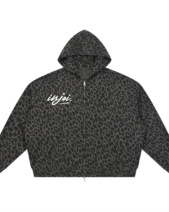 Unisex Leopard Print Waffle Full Zip Hoodie