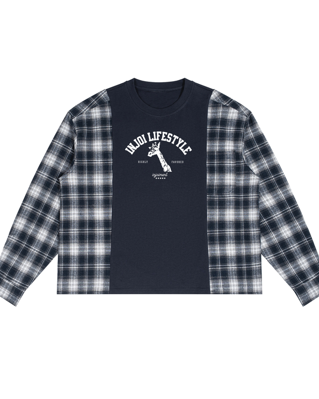 INJOI Unisex Plaid Panel Long Sleeve T-Shirt