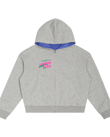 Contrast Plaid Boxy Zip Hoodie