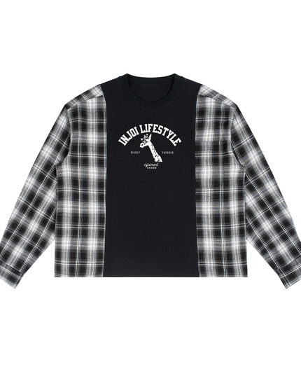 INJOI Unisex Plaid Panel Long Sleeve T-Shirt