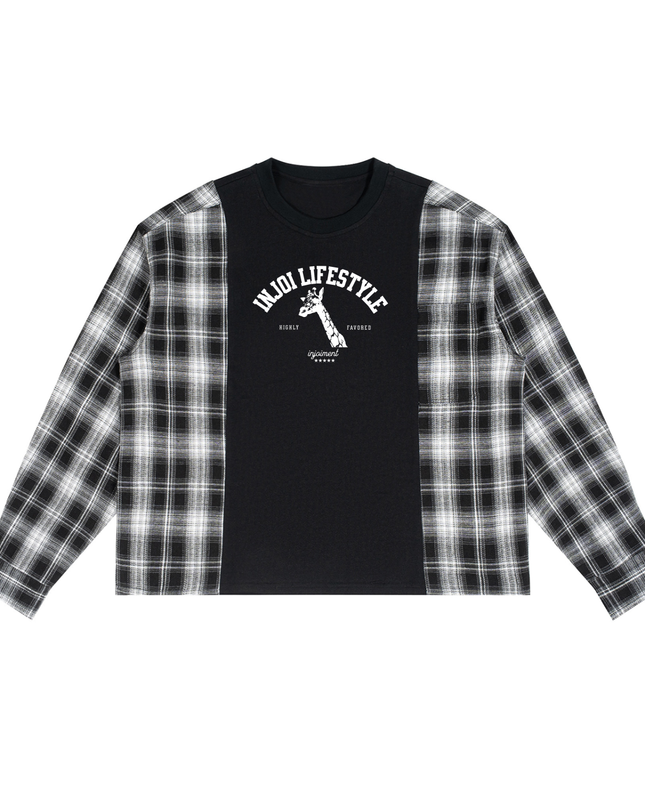 INJOI Unisex Plaid Panel Long Sleeve T-Shirt