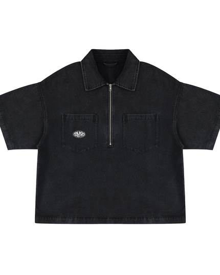 Unisex Vintage Wash Boxy Quarter-Zip Denim Shirt