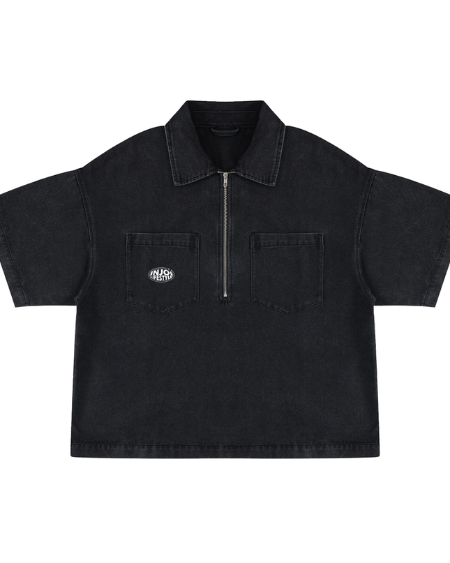 Unisex Vintage Wash Boxy Quarter-Zip Denim Shirt