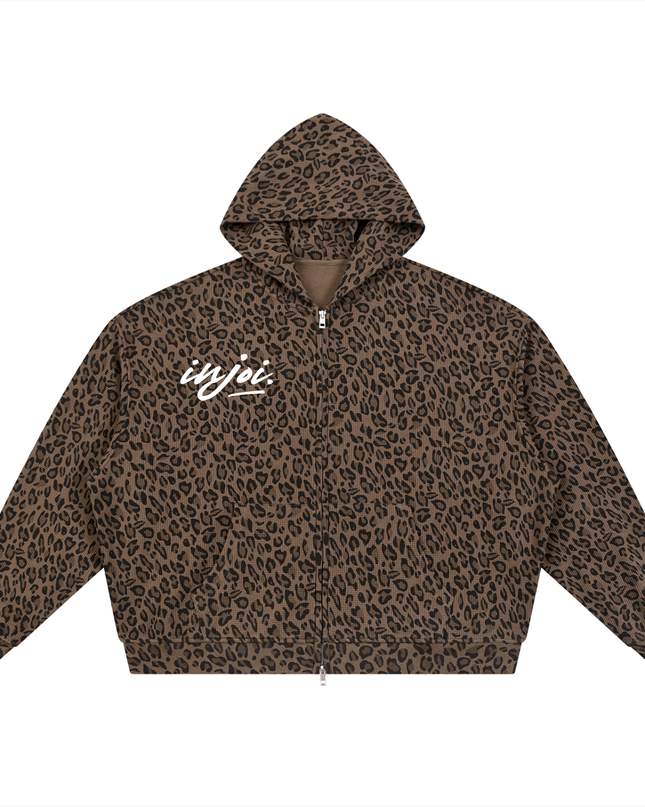 Unisex Leopard Print Waffle Full Zip Hoodie