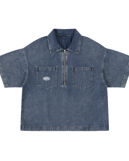 Unisex Vintage Wash Boxy Quarter-Zip Denim Shirt