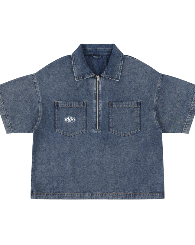 Unisex Vintage Wash Boxy Quarter-Zip Denim Shirt