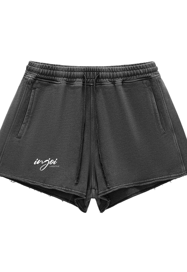 Snow Washed Raw Edge Drawstring Shorts