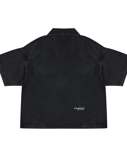 Unisex Vintage Wash Boxy Quarter-Zip Denim Shirt