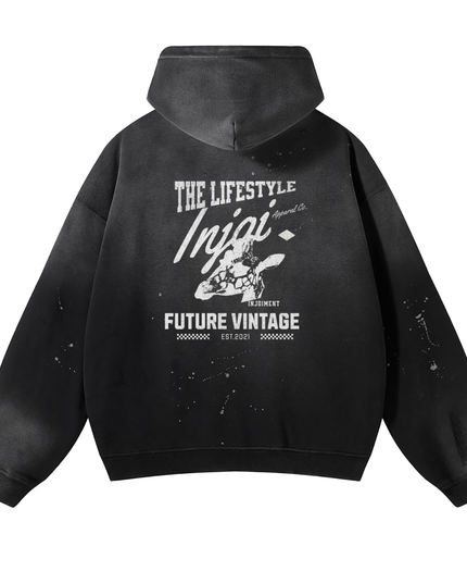 Vintage Wash Frayed Fleece Hoodie - 360 GSM