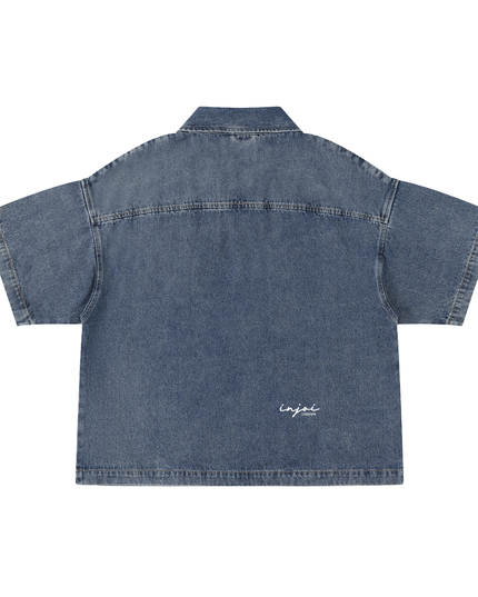 Unisex Vintage Wash Boxy Quarter-Zip Denim Shirt